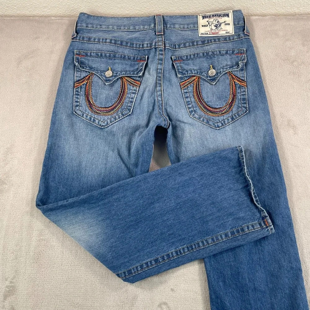 True‎ Religion Embroidered Flap Pockets Thick Stitch Men 36x33 Blue Made in USA